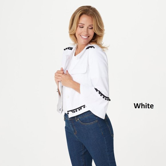 Du Jour Jackets & Blazers - Du Jour Cropped Twill Jacket with Pom Pom Trim